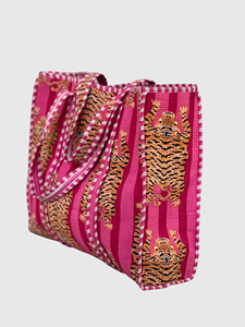 Bolsa de Lona Rosa a Rayas con Bordado de Tigre, Estilo Bohemio, Cierre Abierto, Bolsa de Compras para Mujer, Todas las Temporadas - Product Image 3