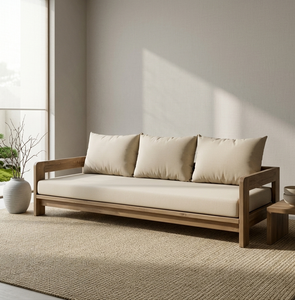 Canapé d'extérieur minimaliste Luma 2 places, résistant aux intempéries, tissu neutre, plateforme, causeuse, structure en bois massif pour terrasse moderne - Product Image 4