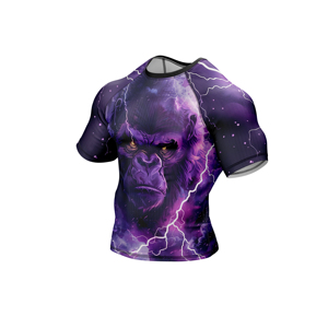 เสื้อรัดรูปแขนสั้นพิมพ์ลายซับลิเมชั่นแห้งเร็วสำหรับผู้ชาย สีม่วง ลายกอริลลา ไลท์นิ่ง แรชการ์ด - Product Image 3