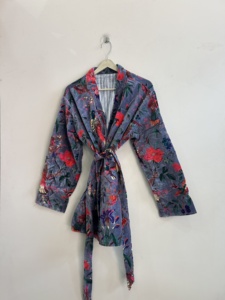 Robe en velours à imprimé floral avec ceinture, manches longues, veste pour femme printemps - Product Image 1