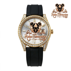 Montre à quartz de luxe pour femme avec boîtier doré, cadran décoratif et bracelet en caoutchouc noir - Product Image 5
