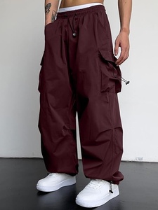 Pantalones Cargo Rojos Oscuros para Hombre, Cintura Elástica con Cordón, Múltiples Bolsillos, Corte Holgado Informal, Ligeros, para Verano - Product Image 3