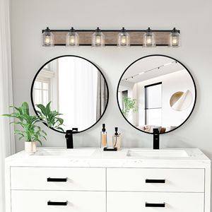 Lámpara de Baño Estilo Rústico de 49 Pulgadas con 6 Luces, Pantallas de Vidrio Transparente con Diseño de Grano de Madera Negra, Aplique de Pared - Product Image 2