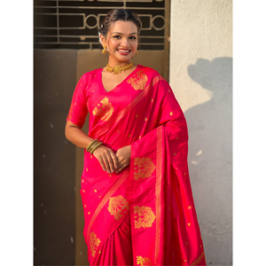 ผ้าไหมสีชมพูเนื้อนุ่มแบบดั้งเดิมที่ถักด้วยด้ายซารี-เสื้อผ้าอินเดียและปากีสถาน - Product Image 5