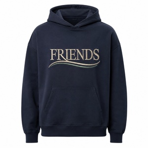 Embroidered <b>Hoodie</b> Unisex Dark Blue Cotton French Terry Casual Pullover Front Logo Regular Fit Autumn Style - Product Image 1