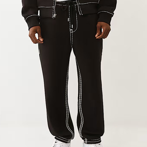 <b>Men's</b> Black Cotton Sweatpants With White Side Stripe <b>Elastic</b> Waist Drawstring Casual Joggers Loose Fit Autumn Wear - Product Image 3