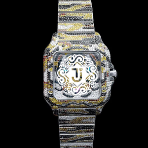 Montre de luxe carrée à quartz pour femmes et hommes, pavé complet de pierres précieuses multicolores, bracelet en acier inoxydable, cadran analogique, idéale pour un cadeau - Product Image 1