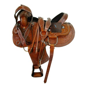 Western Brown <b>Leather</b> Floral Hand <b>Tooled</b> Design Barrel Racing Horse Saddle Studded Black Suede Seat SS Fitting 10"-18" Inch - Product Image 1