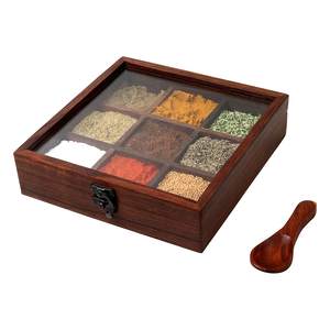 Boîte à épices carrée en bois de haute qualité, best-seller, avec cuillère, contenant Masala Dabba, couleur personnalisée, design durable, écologique - Product Image 4