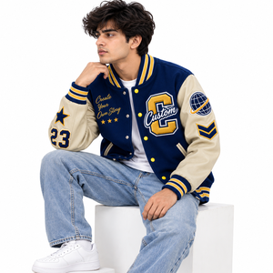 Veste de baseball bleue personnalisée pour homme avec lettre C et étoiles brodées, style preppy, pour l'automne - Product Image 1