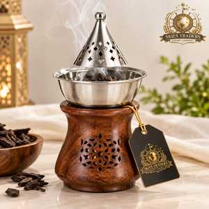 Brûleur d'encens en bois et acier inoxydable, porte-bakhoor arabe, encensoir à charbon d'oud, diffuseur d'arômes en bois sculpté et métal - Product Image 5