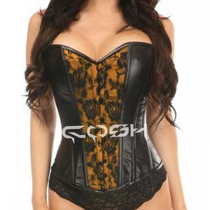 Corset en cuir noir inspiré du style vintage avec détails en satin rouge et dentelle florale - Product Image 5