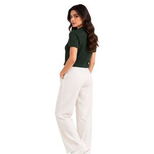Elegant <b>Womens</b> Dark Green Ribbed Knit <b>Polo</b> <b>Shirt</b> with Embroidered Logo and <b>White</b> Wide Leg Trousers Smart Casual Office OutfitSet - Product Image 6