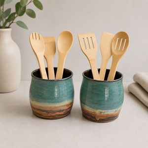 Handcrafted Ceramic Utensil Holder Reactive Glaze Coastal Blue Finish Kiln <b>Fired</b> Thick Wall Durable Kitchen Counter Organizer - Product Image 1
