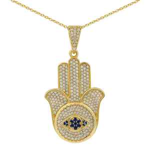 Colgante de Mano de Hamsa con Moissanita de Corte Brillante Redondo y Microincrustaciones, Chapado en Rodio, Amuleto de Lujo Unisex Estilo Hip Hop - Product Image 1
