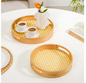 Bandeja Redonda de Madera y Ratán de la Mejor Calidad, Acabado Natural Pulido, para Decoración de Mesa de Comedor de Hotel de Lujo, a su Presupuesto - Product Image 1