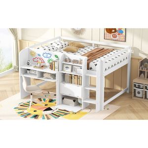 Letto a soppalco basso bianco a una piazza e mezza con scrivania integrata, armadietti contenitori, libreria aperta e lavagna bianca per graffiti - Letti per bambini ETA 7/8 - Product Image 6
