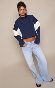 Blouson de motard bleu marine à blocs de couleur contrastés avec fermeture éclair, manches longues, col montant, pour l'automne - Product Image 6