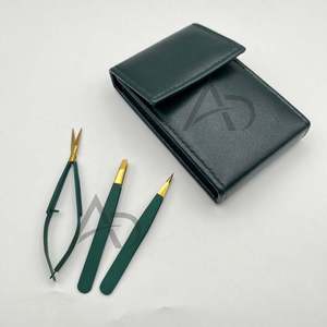 Pince à épiler professionnelle en acier inoxydable à pointe inclinée avec ciseaux à ressort, logo personnalisé, étui vert, kit pour sourcils - Product Image 1