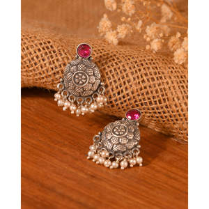 Meera Jaipur Women's 925 <b>Silver</b> AAA White <b>Pearl</b> Luxury Tribal Gulab Mandal Jhumki <b>Earrings</b> - Product Image 2