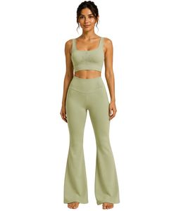 Manufacturer Custom Sage Green Women Flared Yoga Set Embroidered Sports Bra And High Waist <b>Bell</b> Bottom Leggings Activewear Set - Product Image 1