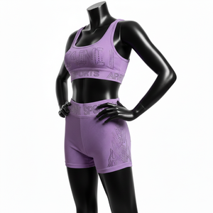 Conjunto de shorts para mujer, 220 GSM, de nailon y elastano acanalado, color lavanda morado, ajuste sin costuras, con logo de pedrería termoadhesiva, conjunto de shorts de algodón para mujer - Product Image 4