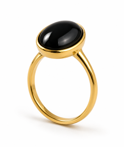 Anillo de Ónix Negro Natural Ha Gems para Mujer, Plata de Ley con Baño de Oro, Gema Ovalada Hecha a Mano, Joyería Moderna y Elegante - Product Image 1