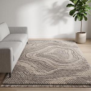 Tapis en laine tissé à la main beige et gris, couleur unie, antidérapant, à poils moyens, avec franges, décoration moderne pour la maison - Product Image 2