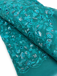 Luxury Cutdana Embroidery <b>Net</b> <b>Fabric</b> Royal Blue Sequin Beaded Tulle Mesh <b>Fabric</b> Exporter from India for Fashion Dresses - Product Image 5