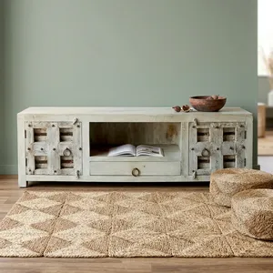 Mueble de TV Vintage de Madera con Dos Puertas y un Cajón, con Estante Abierto, Acabado Blanco Desgastado, Estilo Rústico - Product Image 4