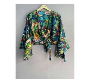 Nuevo Top Corto de Algodón con Estampado de Bloques, Manga Larga, Casual, Transpirable, Ecológico, con Lazos Delanteros, Personalizable, Prenda Femenina Hecha a Mano - Product Image 1