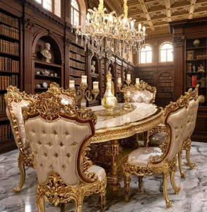Luxury Royal Antique Teakwood <b>Gold</b> <b>Round</b> 6 Seater Dining <b>Table</b> Set with Hand-Carved Designer Chairs - Product Image 3