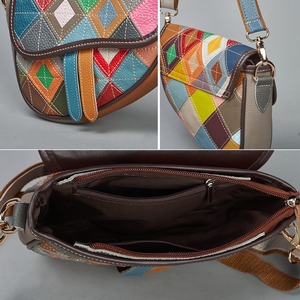 Ando Bag Genuine Cowhide Leather <b>Small</b> Saddle Crossbody Bag for Women Multicolor Diamond Patchwork Shoulder <b>Handbag</b> - Product Image 5