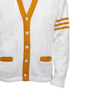 Cardigan en tricot blanc moutarde pour homme, col en V, manches longues, fermeture boutonnée, style automne, avec détail rayé sur les manches - Product Image 4