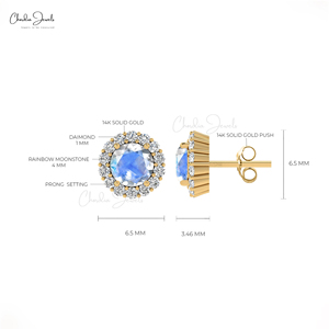 Customized 14k Solid Gold Rainbow Moonstone Halo <b>Earrings</b> 4mm Natural Round Cut Stone with Diamond Push <b>Back</b> Jewelry for Women - Product Image 4