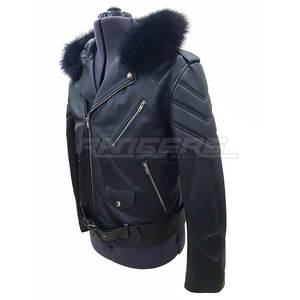 Chaqueta de Cuero Negra con Capucha de Piel, Abrigo de Invierno de Cuero Genuino Premium, Mangas Largas, Chaquetas de Motero al por Mayor de Marca Privada - Product Image 3