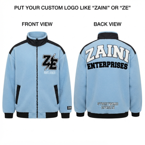 <b>Men</b> 320 GSM Premium Sherpa Polar Fleece <b>Jacket</b> Sky Blue Black Shoulder Panel Custom Chenille Embroidery Patch Logo Streetwear - Product Image 1