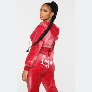 High Quality <b>Women</b> Velvet <b>Velour</b> Hooded Printed <b>Tracksuit</b> 280 GSM Stretch Fabric Blue Color Rhinestone Logo Custom Set Plus Size - Product Image 2