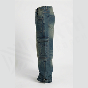Pantalones Cargo de Mezclilla para Hombre, Cintura Media, Corte Regular, Estilo Utilitario, Lavado a la Piedra, Algodón, Otoño - Product Image 1