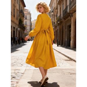 Robe longue bohème unie jaune moutarde pour femme, col en V, manches longues, taille haute élégante, coupe fluide, style décontracté, robe midi - Product Image 3
