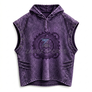 Gilet en jean sans manches à capuche pour homme, style vintage délavé, 100 % coton, broderie automne, mode urbaine, style streetwear personnalisé - Product Image 1