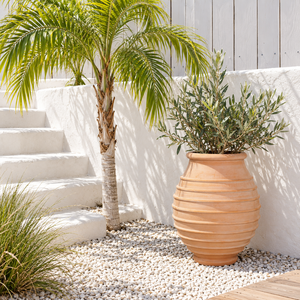 Heavy Duty Thick <b>Wall</b> Cement <b>Planter</b> Crack Resistant Long Lasting <b>Outdoor</b> Ringed Urn Reddish Earthenware Appearance 60x77 - Product Image 4