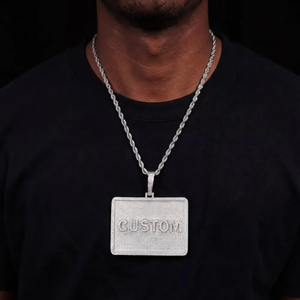 Silver Moissanite Custom Name Pendant Large Rectangular Necklace Statement Jewelry For Men moissanite custom letter necklace - Product Image 1