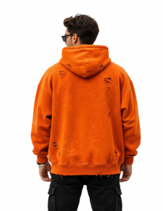 Sweat à capuche zippé pour homme, orange, effet vieilli, coupe oversize, style vintage, déchiré, en polaire, streetwear, avec poches - Product Image 5