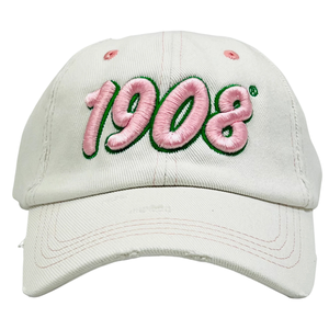 หมวกยีนส์สีขาวสไตล์วินเทจปี 1908 ปักตัวอักษรสีชมพู หมวกเบสบอลแบบปรับได้ ผ้าฝ้าย สไตล์ลำลอง - Product Image 1
