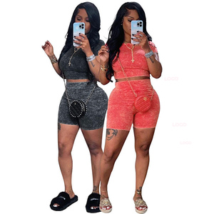 Women's Acid Wash Sets High-Waisted O-Neck Casual Fashionable Summer Polyester Above <b>Knee</b> Length Skinny Fit Workout washed Sets - Product Image 2