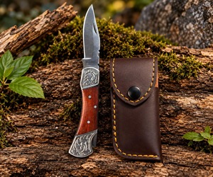 Navaja de bolsillo plegable de 8 pulgadas de grado industrial con mango de madera y latón hecho a mano, hoja de acero inoxidable con punta de cuchillo y apertura con perilla para el pulgar - Product Image 1