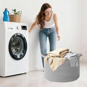 65L <b>Large</b> Woven Cotton Rope Nursery Basket, Laundry Basket Laundry Hamper with Handles,Blanket Basket Storage <b>Bin</b> - Product Image 1