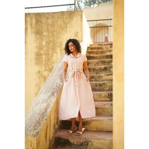 Vestido Maxi Boho de Algodón y Lino para Mujer, Vestido Midi Suave Color Durazno con Botones, Media Manga, Cintura Ajustable, Vestido de Verano - Product Image 4