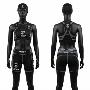 Ensemble soutien-gorge et short de sport MMA pour femme, 250 GSM, 100% coton, noir et gris rayé, bretelles en Y, encolure montante, taille élastique, respirant - Product Image 1
